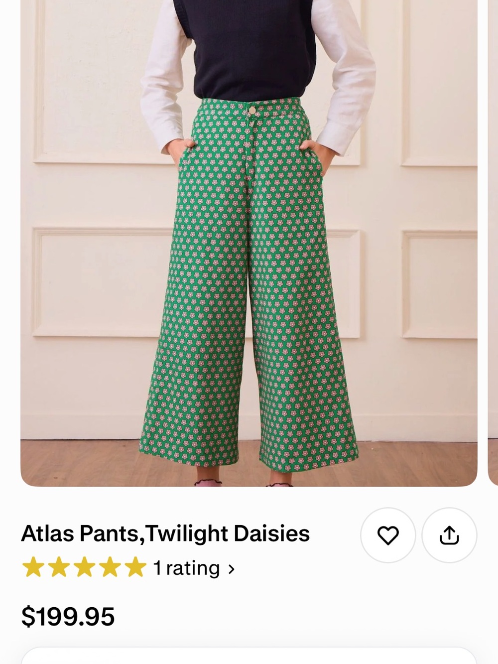 Wide-Leg High-Rise Pants in Green Daisy Print